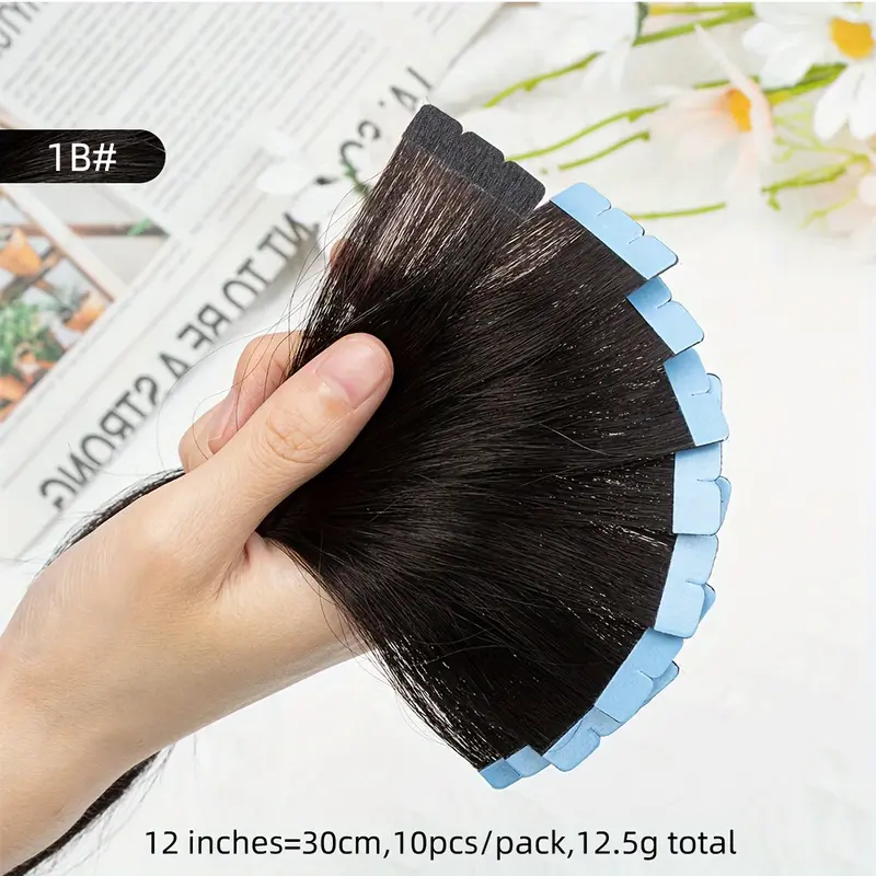 Mini Human Hair Extensions Double-Sided Invisible Seamless Tape 10 Pieces/Set Natural Straight Hair Black Brown Blonde 12-24inch 4