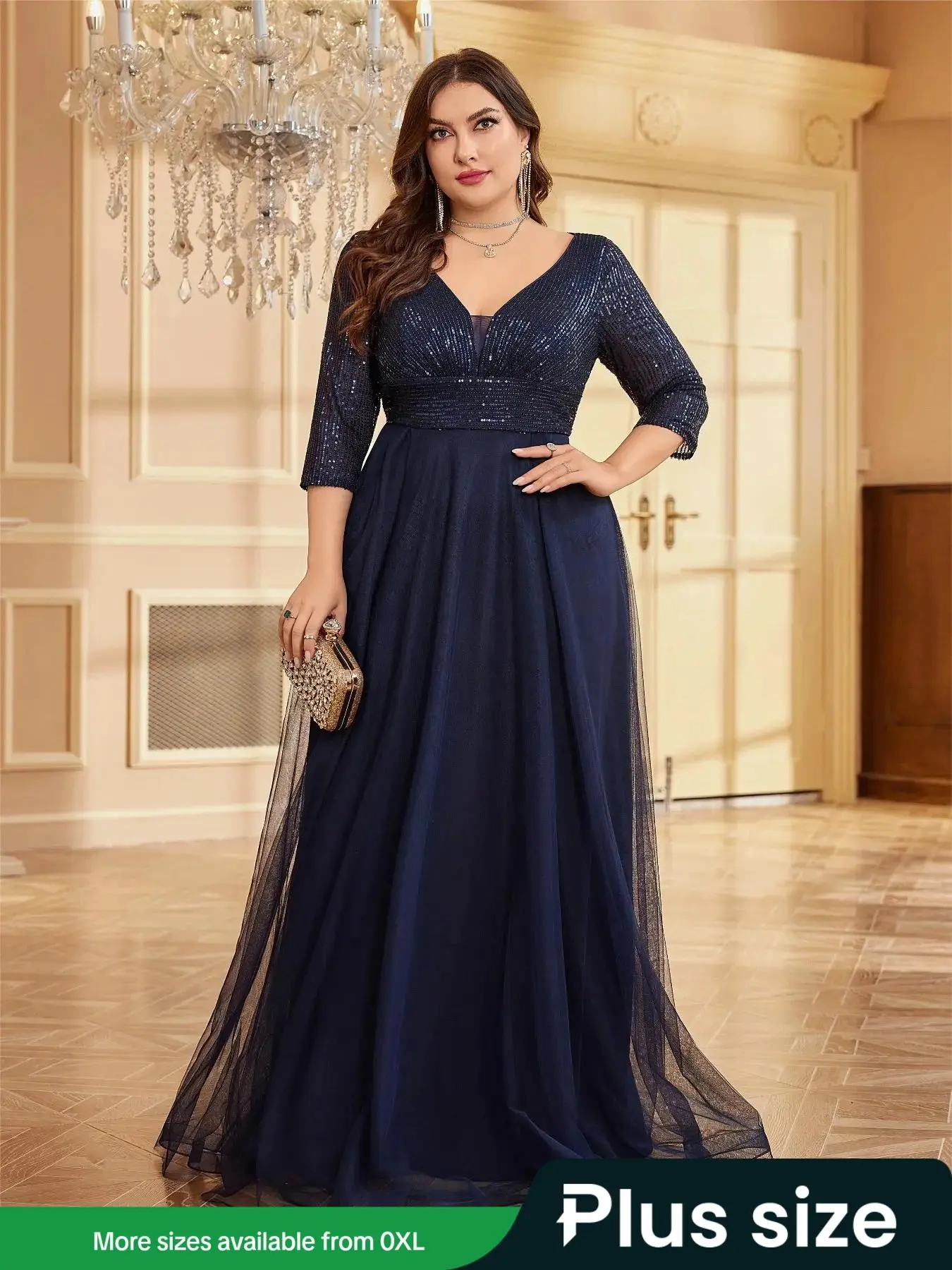 【Plus Size】 Plain Sequin V Neck Evening Dress, Chic Elegant 3/4 Sleeve Maxi Dress for Party & Banquet, Women's Clothes for All Seasons