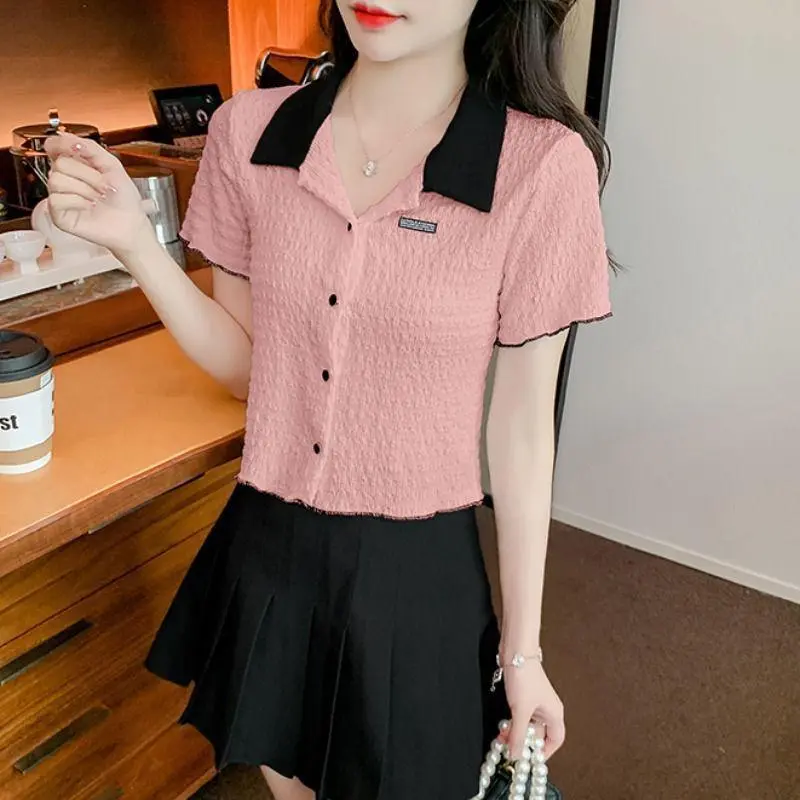 Áo Sơ Mi Ngắn Tay Có Ve Áo, Hàng Mới Về Mùa Hè Của Phụ Nữ, Phong Cách Pháp Thanh Lịch, Áo Polo, Áo Xếp Ly, Áo Ngắn, Áo Cardigan Có Cúc Women Top