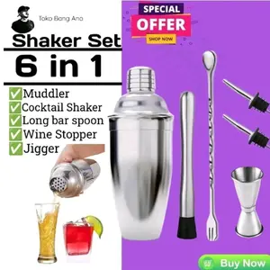 Paket shaker 750 ml Alat pembuat minuman stainless shaker + long bar spoon+jiger+mudler+botol pourer