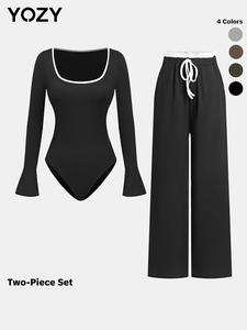 YOZY Two-Piece Set Women's Contrast Binding Ribbed Flounce Sleeve Bodysuit & Pocket Pants Set, Casual Square Neck Button Crotch Bodysuit & Paper Bag Waist Tie Front Trousers Set for Fall & Winter, Valentine's Day Gift for Girl, Tummy Flattering