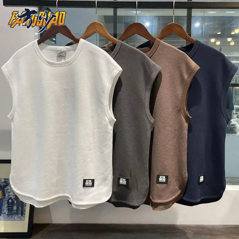 [10000 People Praise] American Retro Waffle Solid Color Sports Vest Men's Waistcoat Loose plus Size Summer Fashion Brand Sleeveless T-shirt