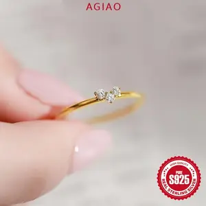 AGIAO Cincin Berkilau Bentuk Hati Emas Slim Dengan Tiga Zirconia AAAAA