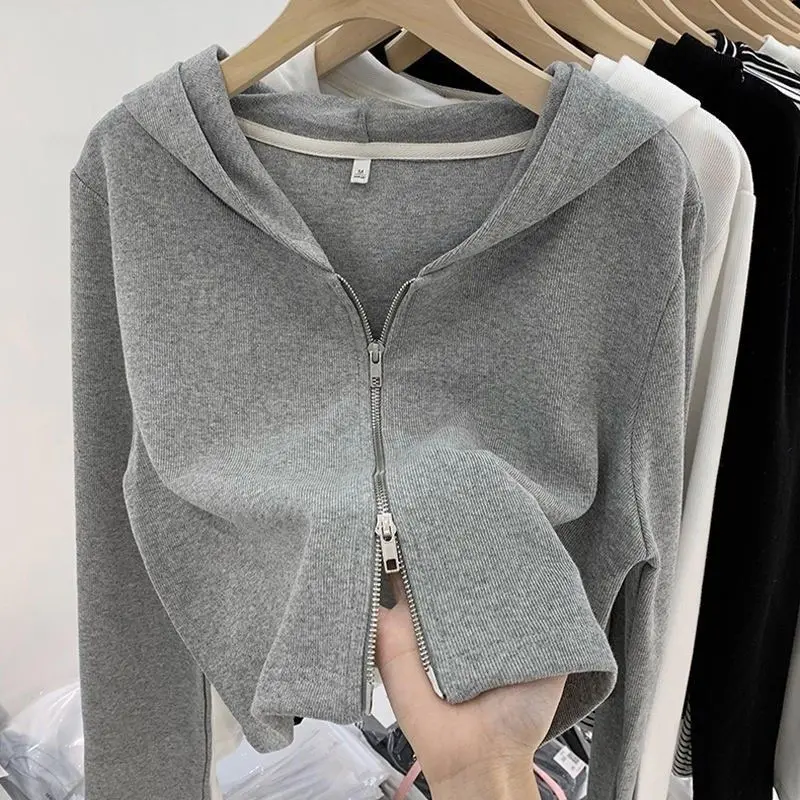 European Goods Design Double Zipper Hooded Coat Autumn and Winter 2025 New Threaded Short Knitted Cardigan Top Knitwear Womenswear Lingerie Knitting Comfort Fitted Bridal Basic Minimalist