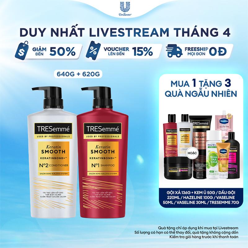 Combo Dầu Gội 640g + Dầu Xả 620g TRESEMME Keratin Smooth Công Thức Hydrolyzed Keratin Hỗ Trợ Dưỡng Tóc Vào Nếp Suôn Mượt Nữ [1]