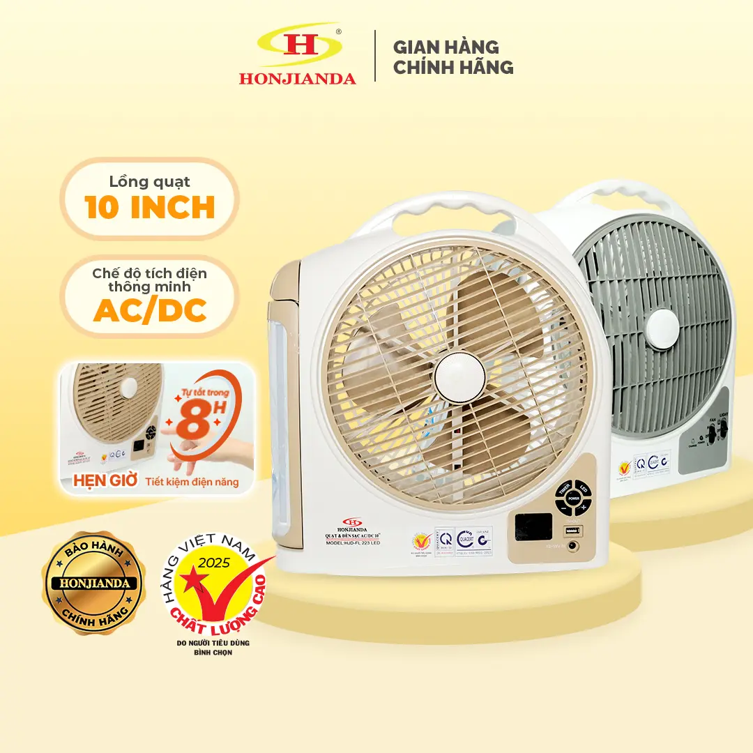 Quạt Sạc Tích Điện Honjianda 10 inch – Đèn LED dạng hộp AC&DC Honjianda | FL223, Nâu – Đa chức năng – USB | FL213, Xám – 2 chức năng |