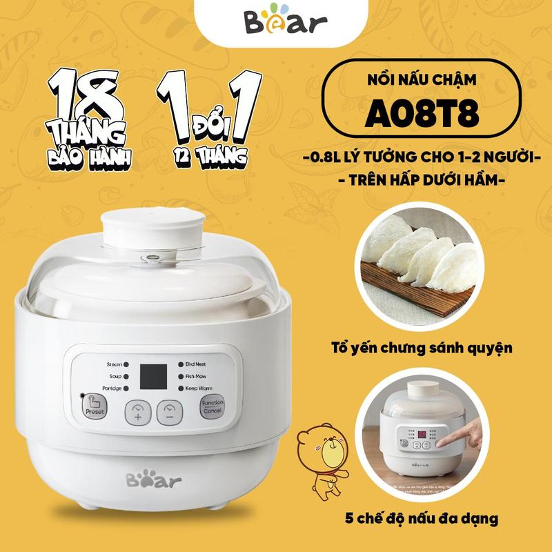 [KOC] Nồi Nấu Chậm Bear 0.8L DDZ-A08T8 - Kèm xửng hấp | Nấu cháo ăn dặm cho bé | Chưng yến chè dưỡng nhan