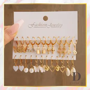 Anting Klip 12 Pasang / Set Mutiara Kristal Kupu Gembok Aksesoris Anting Korea Logam