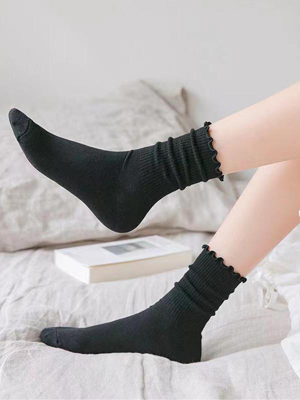 Women's Solid Lettuce Trim Crew Socks, Casual Comfy Breathable Mid-calf Socks for Daily Wear, Multipack Knit Socks for All Seasons 1