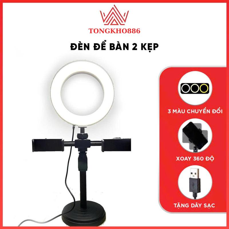 Đèn Livestream Để Bàn 3 Chế Độ Sáng - Kẹp 2 Điện Thoại Có Đèn Hỗ Trợ, Quay Tiktok, Make Up Selfie Phụ Kiện