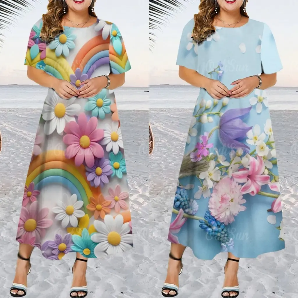 Gaun Musim Panas untuk Wanita, Saiz Besar, Leher Bulat, Gaun Maxi, Pakaian Pantai, Cetakan Bunga, Gaya Baru 2024, Tersedia dalam Saiz S-5XL Kain Lengan Casual