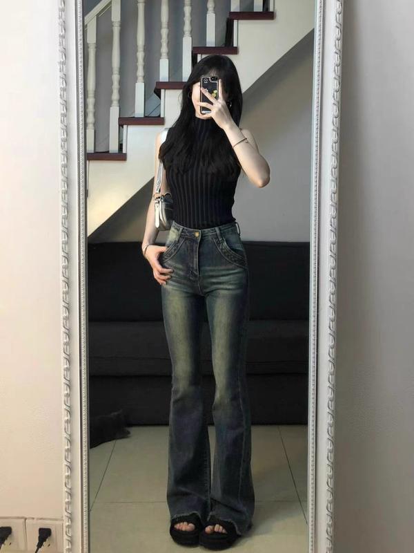 Quần jean ống loe màu retro đậm pha vàng cắt gấu phong cách cổ diển JEAN ZY