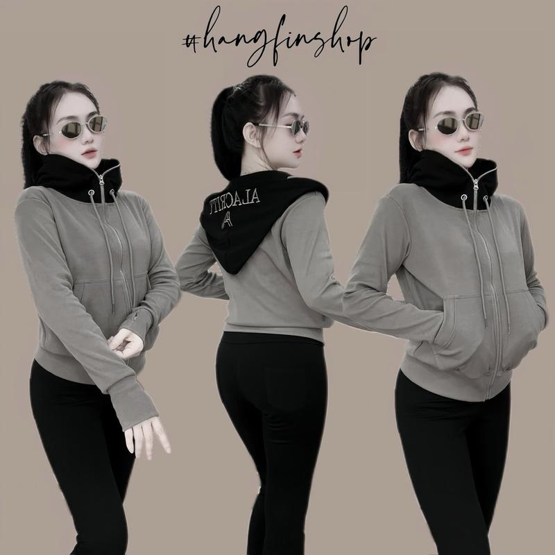 HangFin | Áo Khoác Nữ , Áo Thun Gân Form Ôm Mix Màu Thêu Chữ Trên Nón, 2 Túi Ngoài , 4 Túi Trong, Gọn Dáng, Thanh Lịch, Áo Khoác Xinh Mẫu Mới