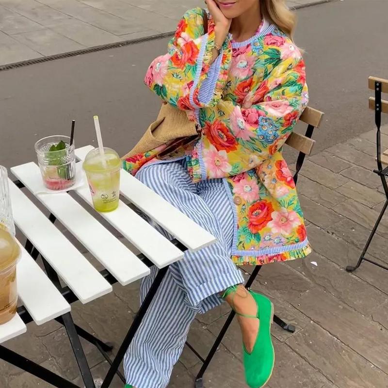 Product Introduction of Women Winter Loose Quilted Jacket Floral Print Button Down Long Sleeve Padded Coat Warm Outwear 35