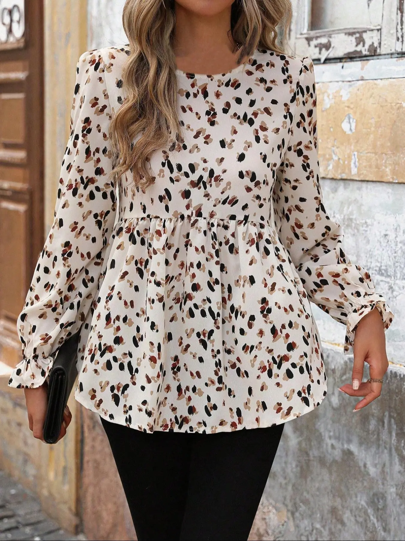 Women's All Over Print Flounce Sleeve Blouse, Elegant Casual Top for Fall & Winter, Women's Clothing for Daily Wear