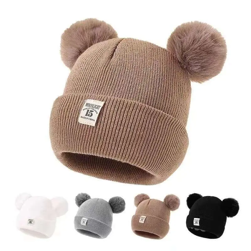 Autumn Winter Baby Warm Knitted Hats with Pom Kids Knit Beanie Solid Color Children Hat for Boys Girls Accessories