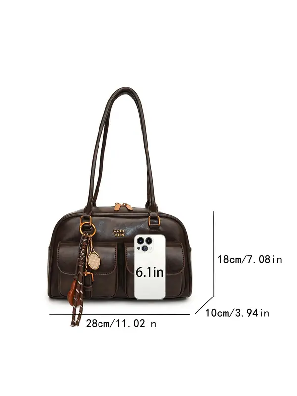 Women's Retro Solid Color PU Leather Shoulder Bag, Large Capacity Crossbody Bag with Detachable Accessory Charm, Casual Trendy Versatile High-quality Daily Commuting Bag 1