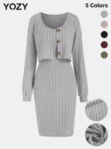 YOZY Knit Tank Bodycon Dress & Ribbed Button Front Crop Cardigan Two Piece Set, Women's Autumn Dresses Winter Clothes for Daily Wear, 2 Piece Sets Women, Fall & Winter Outfits