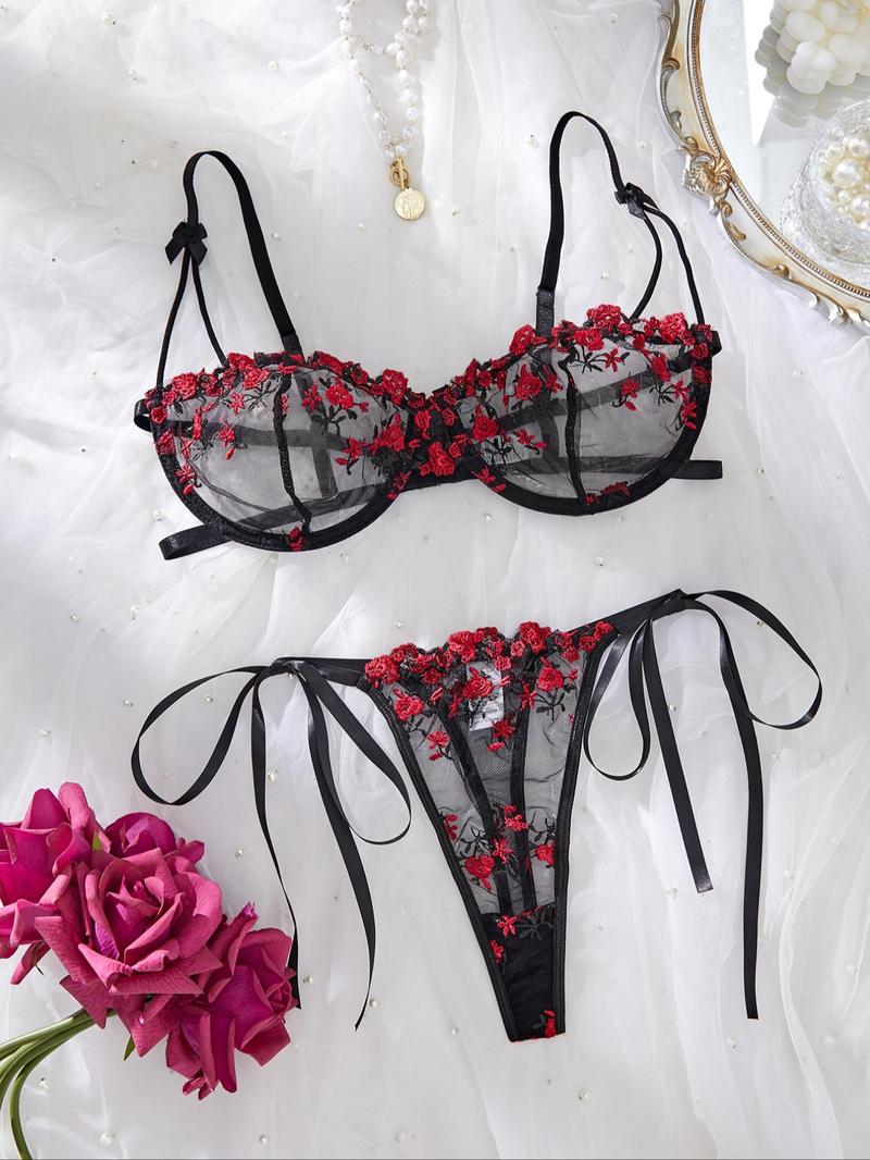Product Introduction of Women's Ditsy Floral Embroidery Sheer Underwire Bra & Thong Sexy Lingerie Set, Adjustable Strap  Bra & Panty, Lingerie Set for Women 1