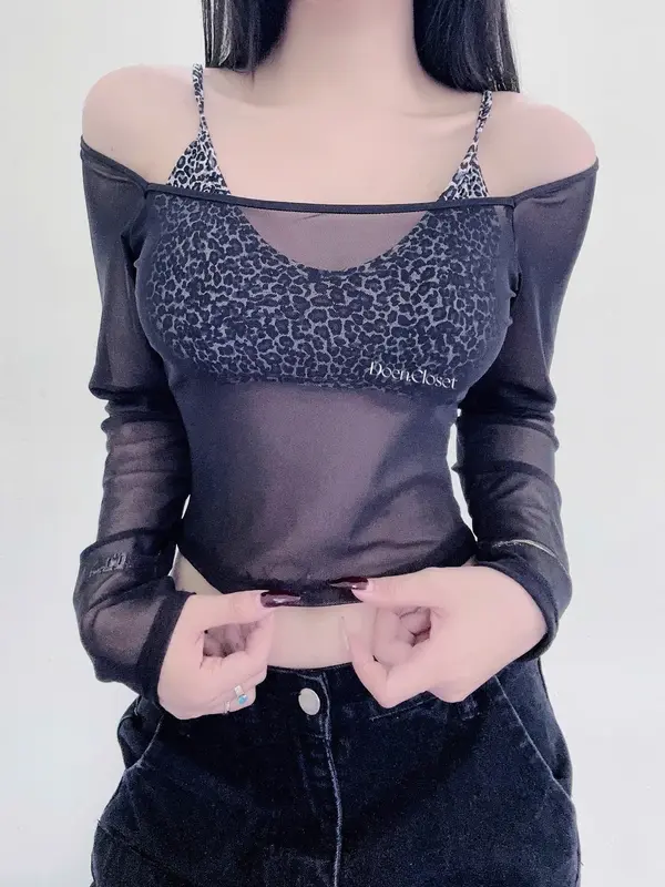 Áo 2 Dây Lưới Co Giản Kèm Áo Lót Beo Cá Tính Ôm Body Với 2 Phiên Bảng 2 DÂY và Tay Dài- DOÈNCLOSET Nữ Women Top 4