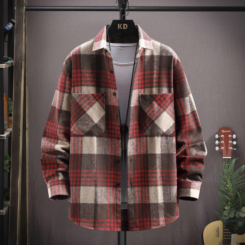 Product Introduction of Plaid Long Sleeve Shirt for Men Loose Red Retro Trendy Casual Spring Autumn Stylish Turn-down Collar Shirt Jacket Trendy Parent 11