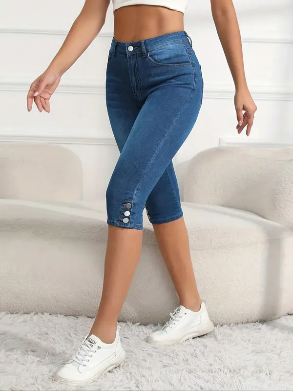 Women's Plain Button Pocket Capri Denim Pants, Slim Fit Casual Basic Minimalist Comfy Skinny Capri Jeans for Daily Wear, Capri Pants, Ladies Bottoms for Summer, Womenswear, Light Wash, Casual Denim Trousers, Streetwear, Solid Pocket Jeans 3