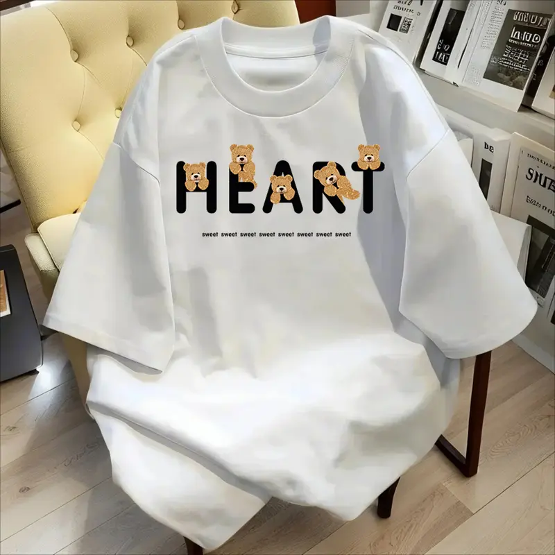 Áo Thun Nữ, Phong Cách Hợp Xu hướng Chất Liệu Cotton Nguyên Chất, Thiết Kế Hình Gấu Hoạt Hình, Thường Ngày Và Dễ Thương, Dễ Phối Đồ Áo Ngắn Tay Hàng Mới Về 1