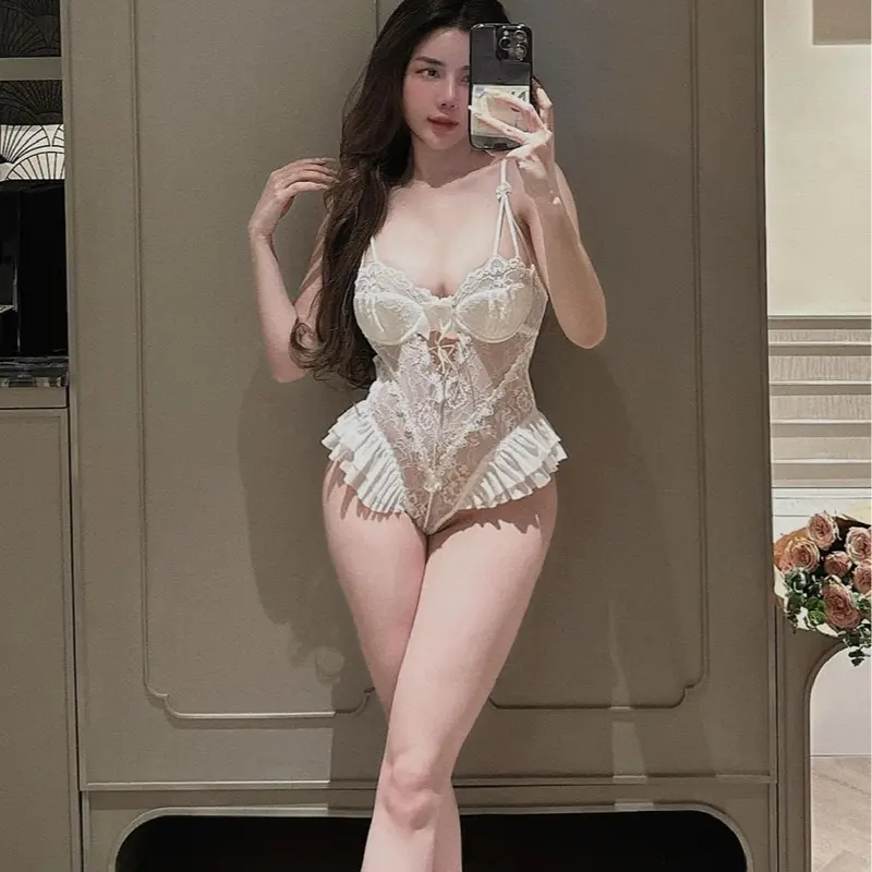 Bodysuit ren xẻ ngực váy ngủ jum xẻ quyến rũ quả ngang tôn dáng ngực cài cúc Sx 309 QCCC Muối Sleepwear - Hàng có sẵn 3