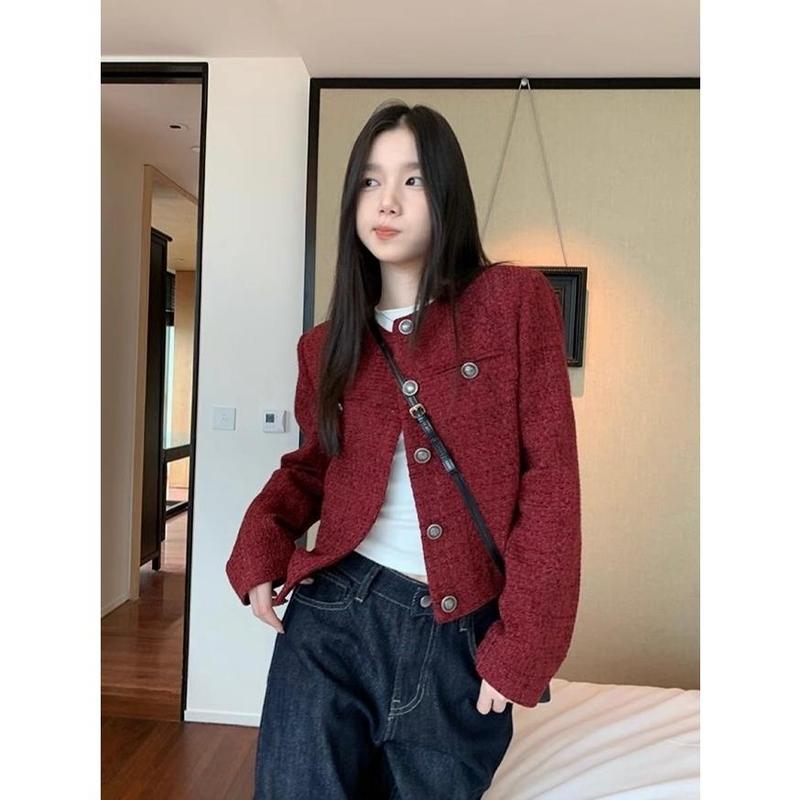5822 áo khoác đỏ thu ngoài mỏng xịn retro jacket hàn quốc áo khoác dạ nữ tweed croptop sang chảnh độc lạ