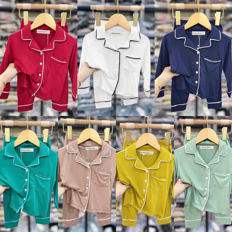 [Free Ship-Full Size 8-26kg ] Bộ Áo + Quần Dài Trơn  Minkey Baby Chất Thun Lạnh Phối Túi Viền Màu Dể Thương Cho Bé Trai -Bé Gái Đồ Bộ Cho Bé Minkey Baby ,Minky Mom