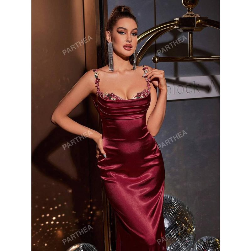 PARTHEA Spaghetti Straps Flower Detail Ruched Satin Elegant Long Dress Fit Formal 4