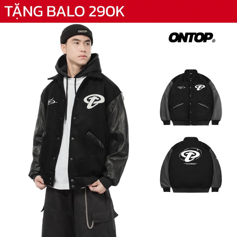  Varsity Jacket tay da vải nỉ nam nữ ONTOP logo thêu nút bấm có 3 size local brand cá tính Y2K | O21-AK16 