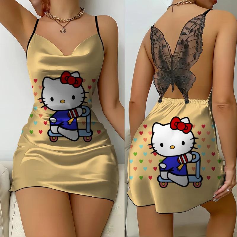 Váy Ngủ, Sanrio, Dành Cho Nữ, Bộ Sưu Tập In Hình Hello Kitty Mùa Hè Mới, Ren Satin Bướm, Hở Lưng, Gợi Cảm, Thanh Lịch Và Đơn Giản, Thích Hợp Dự Tiệc, Váy Ngủ 2