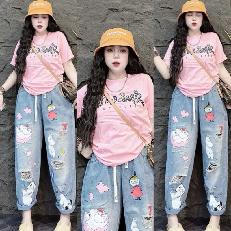 Set bộ jean baggy chữ đá siêu cấp áo cotton tay ngắn cổ tròn quần jean mềm lưng thun bản to co giản Women