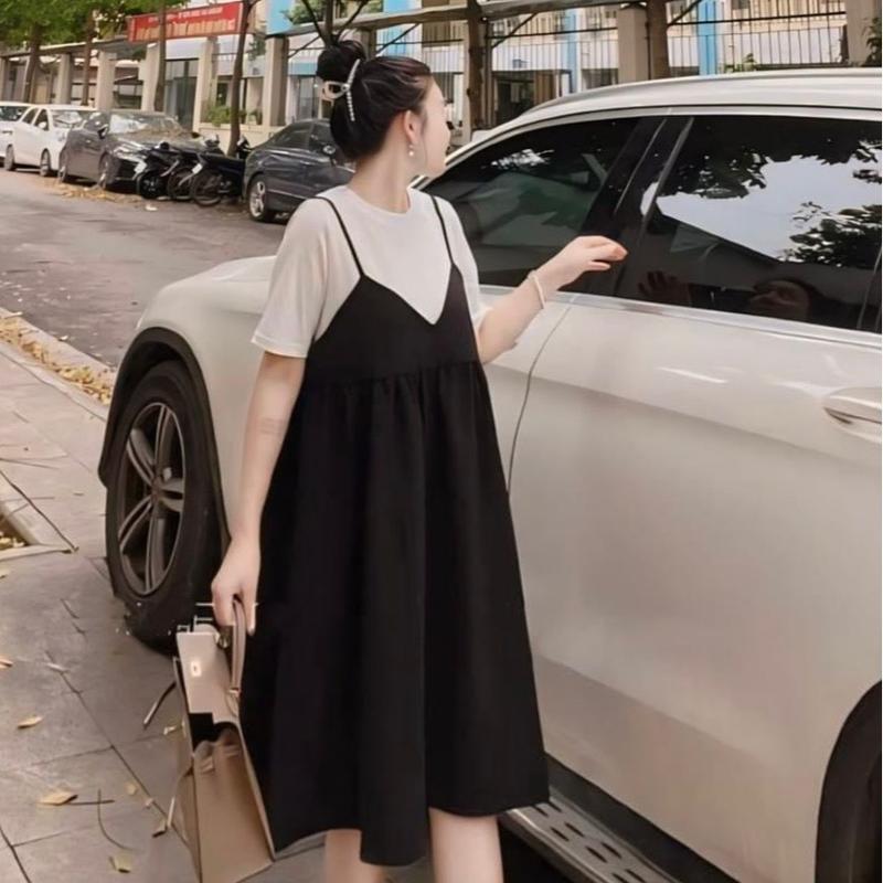 (có size từ 50-100kg)Váy giả yếm, đầm bầu Bigsize chất lụa hàn  Thoải mái Thai sản Thai kỳ