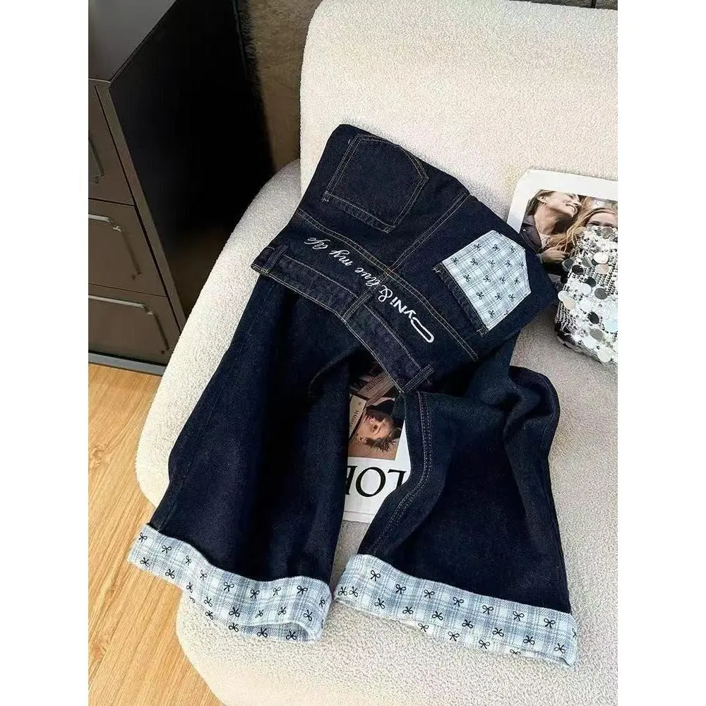 Retro American bow plaid splicing wide-leg jeans women's new high-waisted loose straight pants children