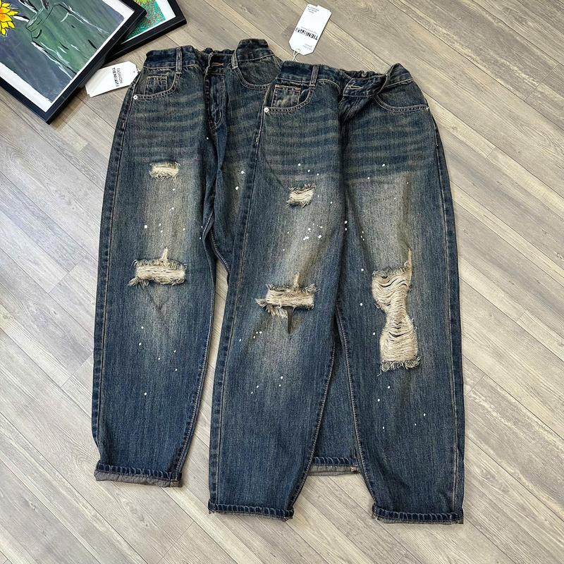 Product Introduction of (Bigsize 80kg) Quần Jean Boy Nữ Rách Gối Vẩy Sơn Lưng Chun, Quần Jean Baggy Women 30