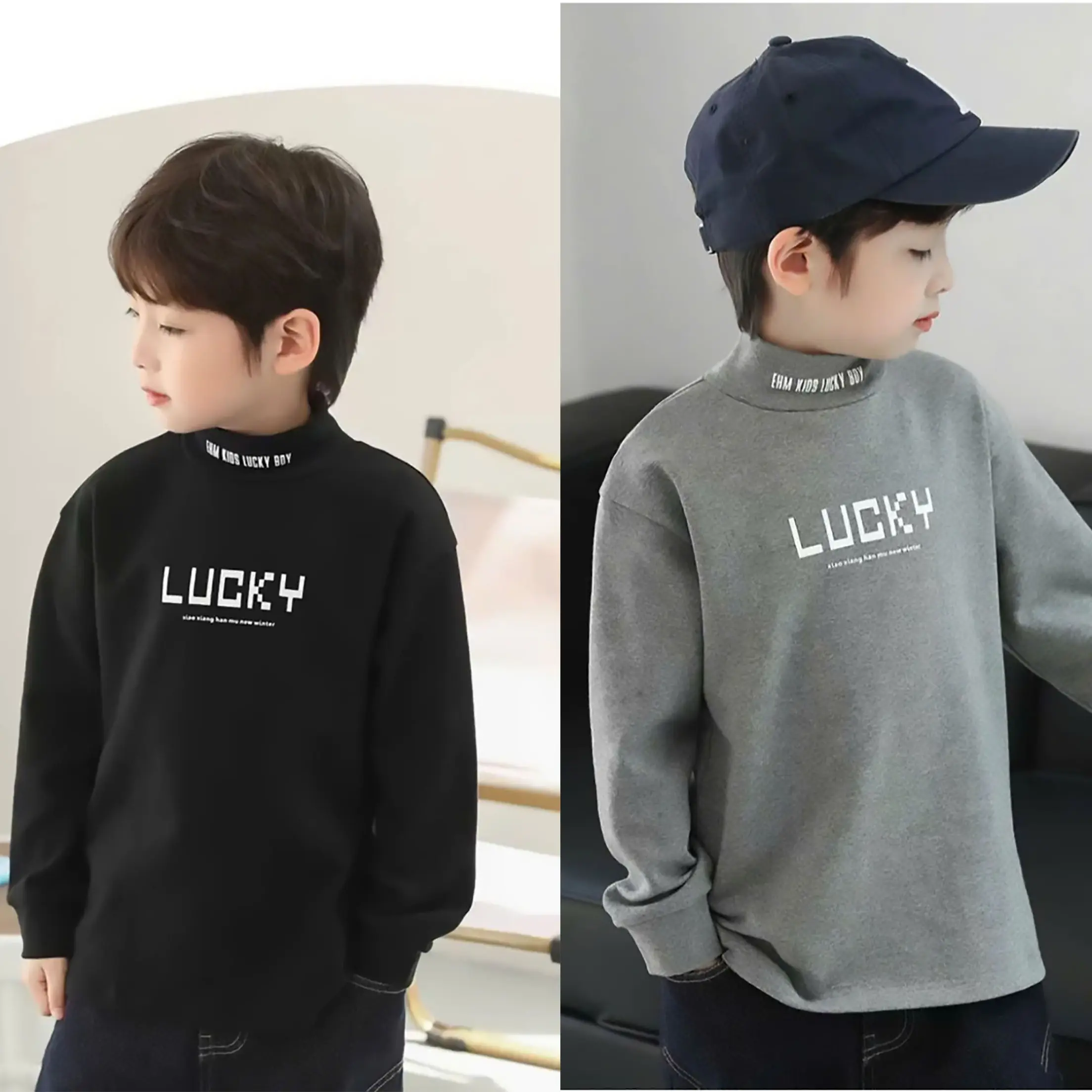 Áo giữ nhiệt cho bé trai , áo dài tay thu đông cổ 3 phân cho bé 17-45kg mẫu LUCKY, giữ ấm tốt.