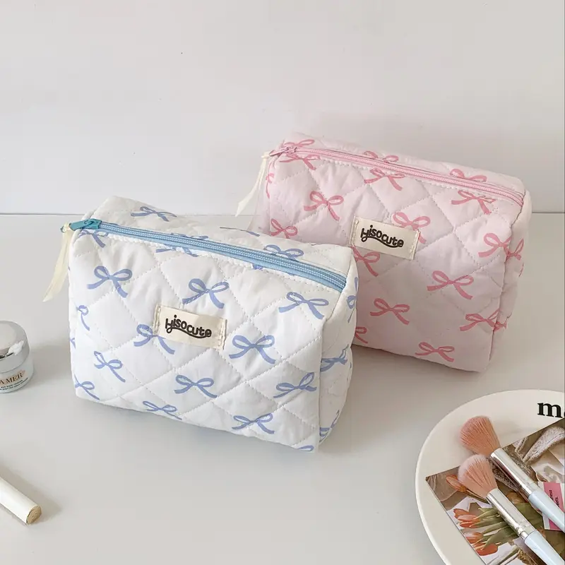 Quilted Pattern Cosmetic Organizer Bag, 1 Count Large Capacity Makeup Bag with Bow Pattern, Portable Travel Storage Bag, Home Organizer 6