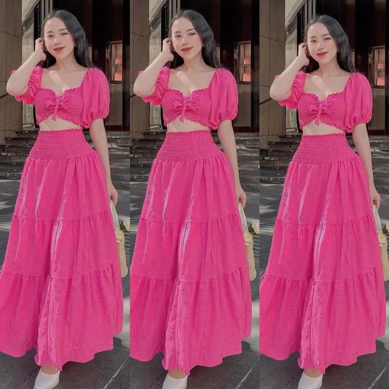 Sét maxi đi biển Xốp xoè 4 màu  - Nhà Lỳ Có Maxi Nữ Áo Women Xếp Ly Bo Chun