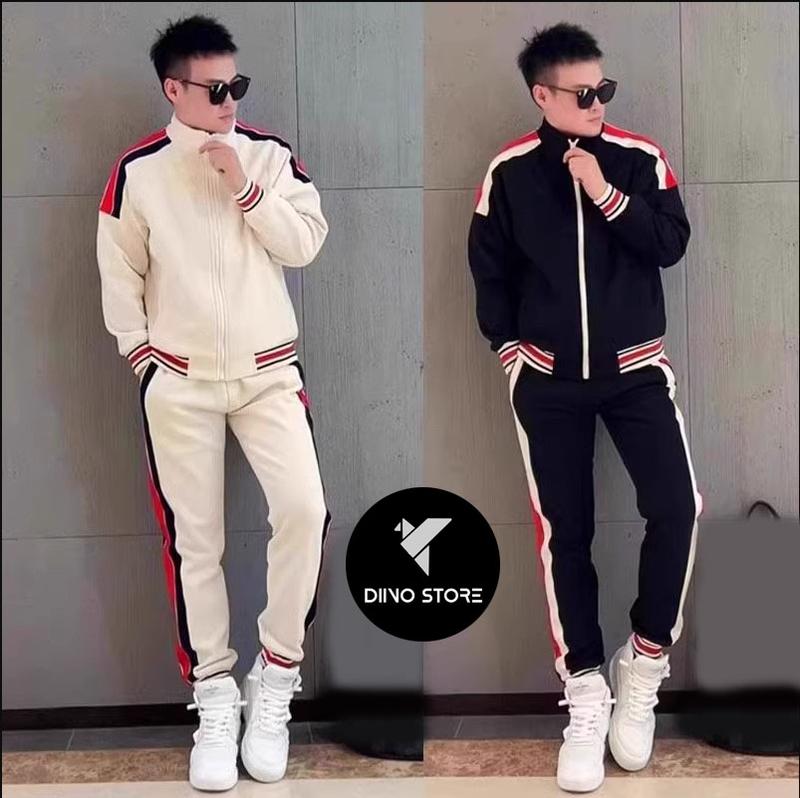 Bộ quần áo thu đông nam - set đồ thể thao nam màu đen viền trắng đỏ - quần áo thể thao nam mùa đông Thun Chạy Bộ
