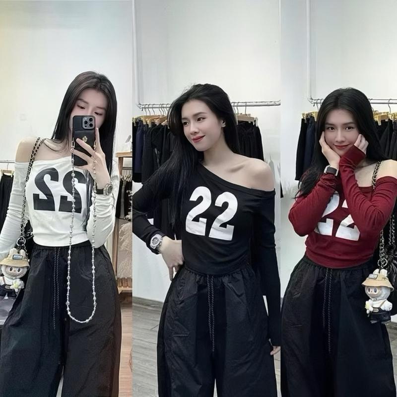 Áo Thun Nữ Trễ Vai Dài Tay Số 22 Croptop TUANLE CLOTHING Xinh Xắn Chất Liệu Bo Tăm Women Cổ Tròn Lệch Vai Voi áo  trễ màu áo  trễ 1 bên ôm body Shirt