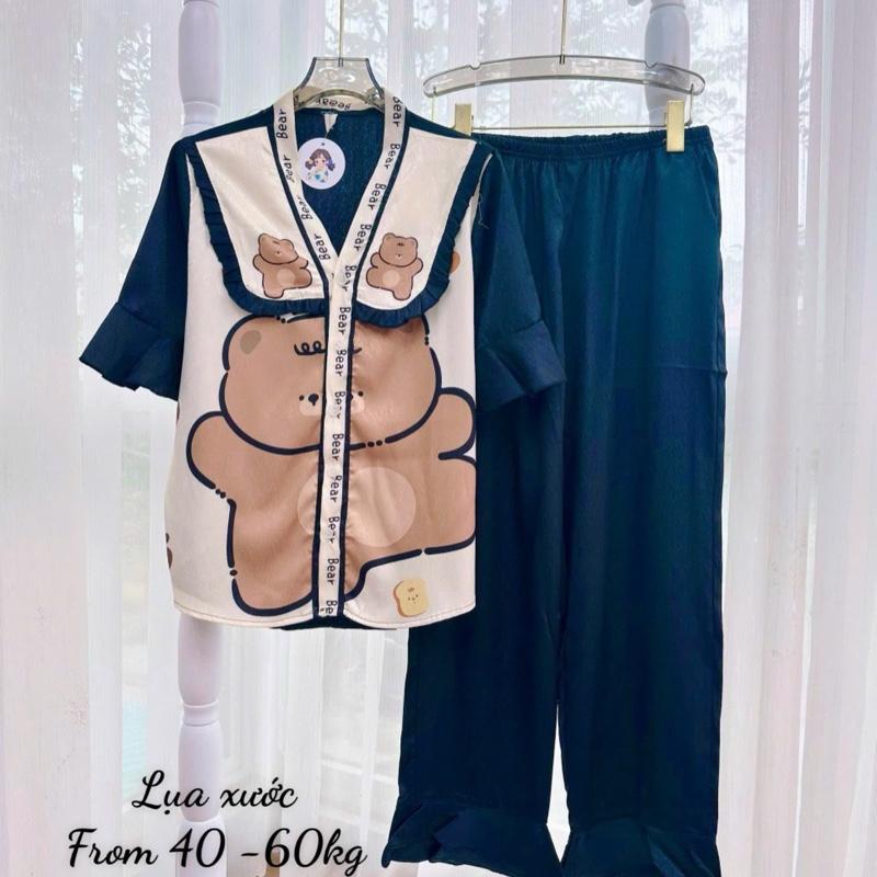 Size 40-60kg - Bộ Lụa Xước Ánh Kim Tay Ngắn Quần Dài Cao Cấp Cổ Tim Viền Bèo In Họa Tiết 5D Queen Mềm Mát Mặc Nhà Cao Cấp TNQD Women Nữ Quần Ngủ Sen Voi Pijama Kem Voan 6