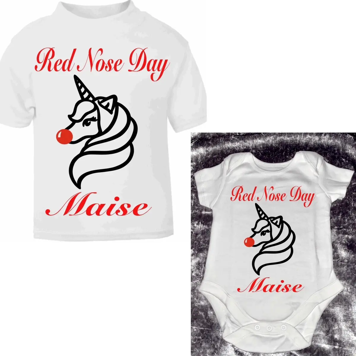 PERSONALISED Red Nose Day unicorn  Tshirt Top Baby Vest Grow Bodysuit Clothes
