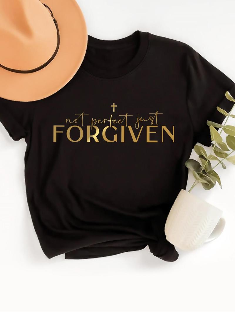 Product Introduction of Women's Letter Print Round Neck Tee, Casual Short Sleeve Crew Neck T-shirt for Daily Wear, Ladies Clothes for All Seasons 1