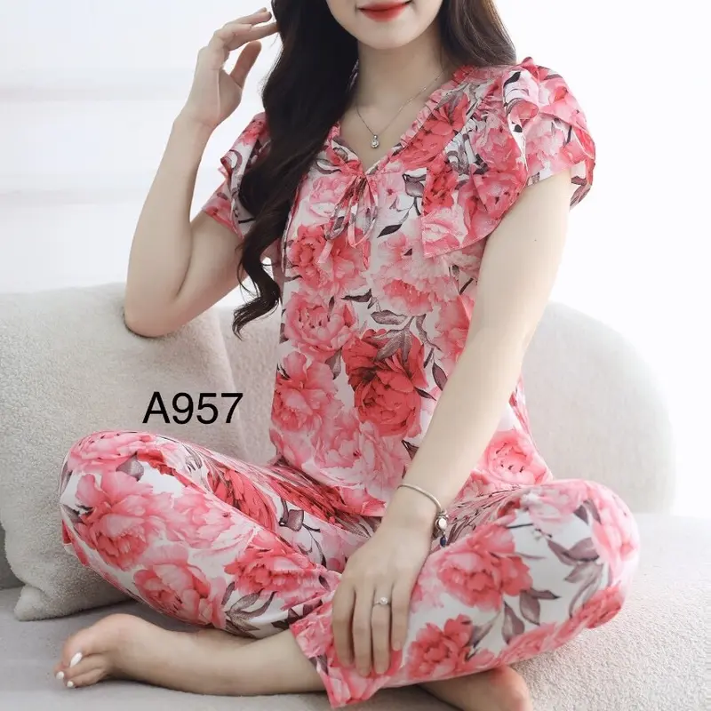 (37kg-68kg) Sét bộ mặc nhà nữ hàng thiết kế tay phối 2 lớp cánh tiên vải lụa Hàn mềm Women Áo Quần Ngủ Top sau sinh có bigsize Cạp Cao 8