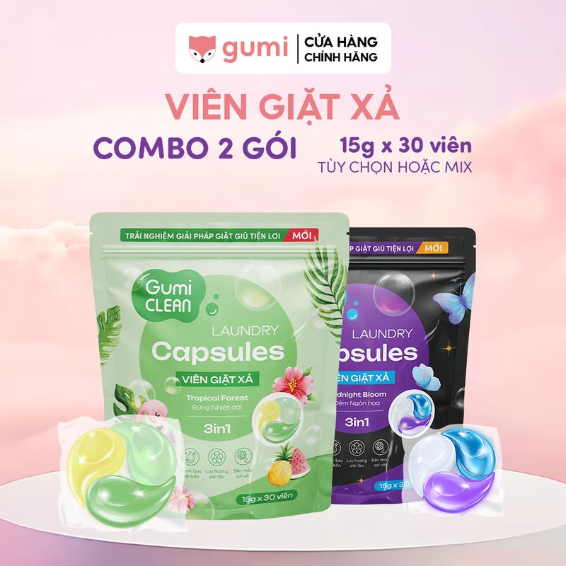 Mall MIX 2 Túi 30 Viên giặt xả quần áo tiện lợi Gumi Clean 3in1 hương thơm sang trọng tươi mát làm sạch lưu hương bền màu.