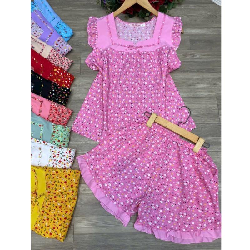T84 40-75kg SET ĐỒ BỘ QUẦN ĐÙI CÓ TÚI LỤA 100D PHỐI MÀU MẶC NHÀ DỄ THƯƠNG IN HOA NHÍ Top Nho Nhung Áo Women Đen Voi Tua Rua