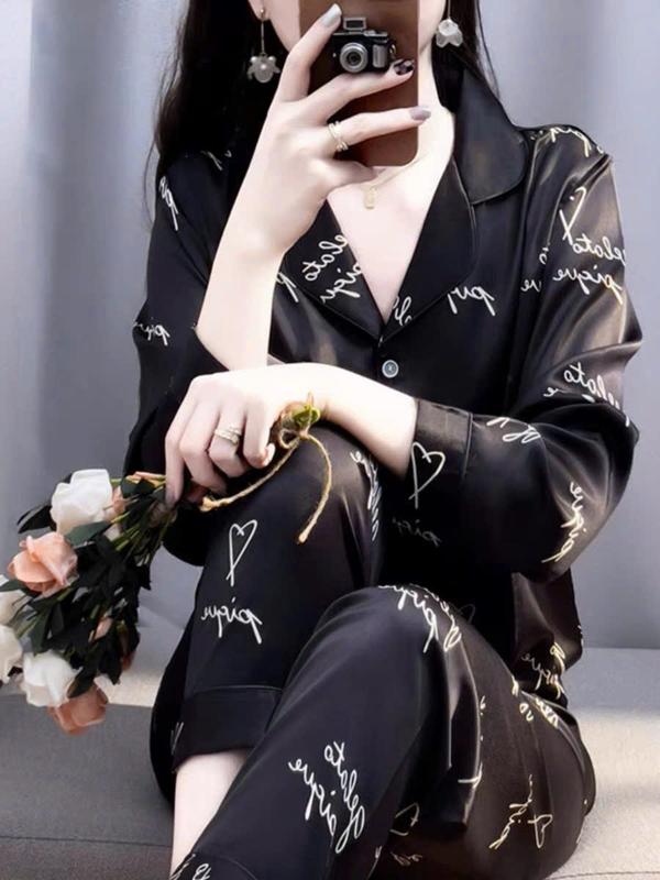 Đồ nữ Pijama ALADY lụa Latin cao cấp, màu đen sang trọng họa tiết chữ trái tim tay dài - TD0081 1