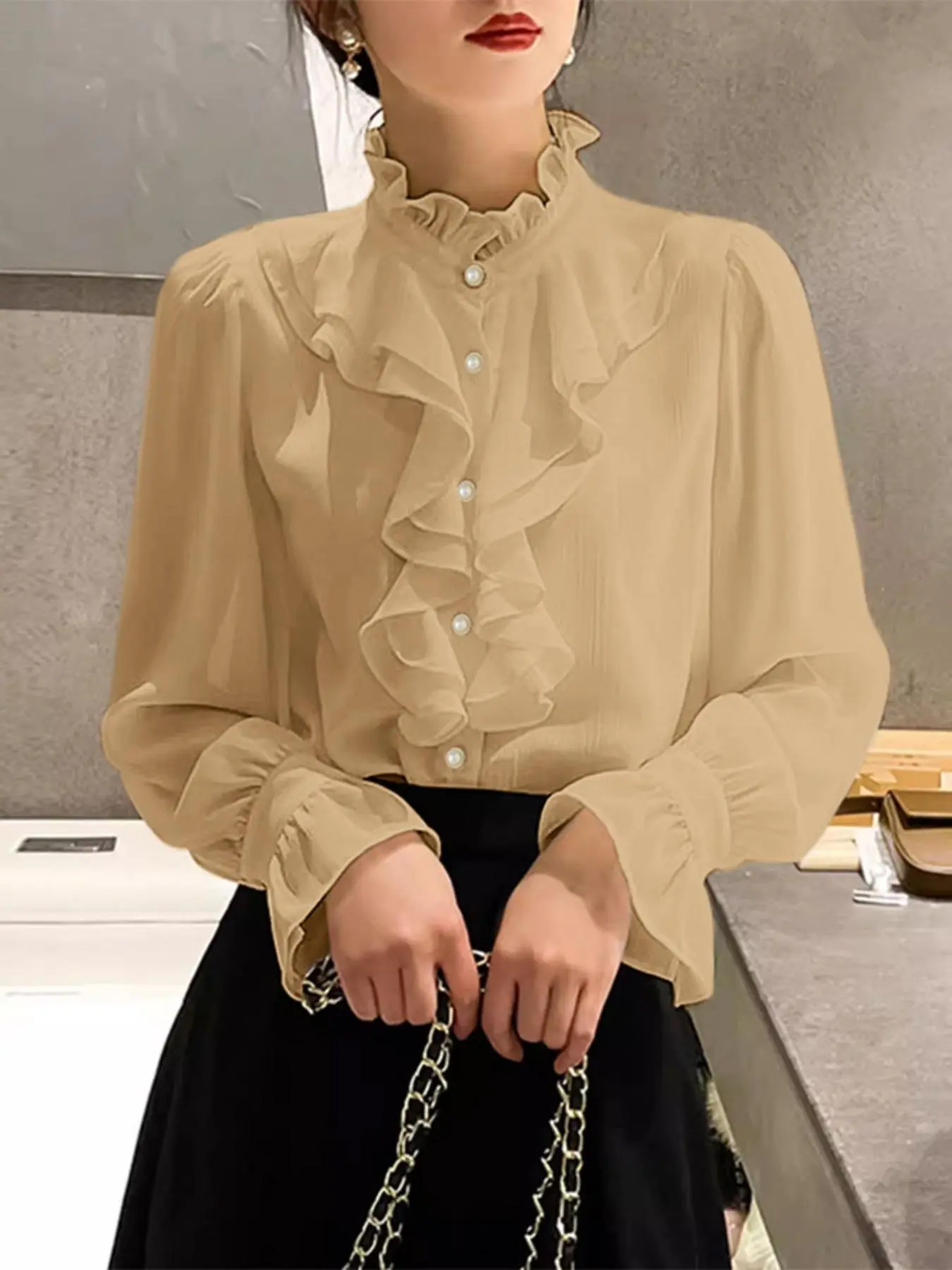 Women's Plain Ruffle Trim Button Front Blouse, Casual Long Sleeve Top for Daily Wear, Ladies Clothes for All Seasons